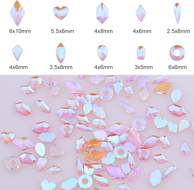 100pcs Pink Aurora Nail Rhinestones 10 Shapes Mix Flatback Heart Circle Gems for Nail Art 3D Design Manicure Beauty Crystals Accessory Supplies