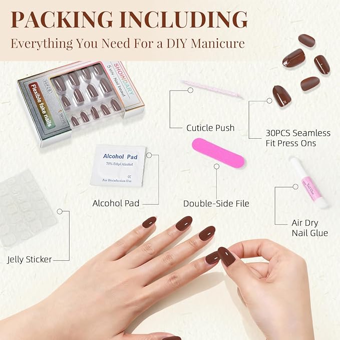 Brown Press on Nails Almond, Fall Coffee Chocolate Press ons, Reusable Acrylic Stick on False Nails 30Pcs 15 Sizes Kit for Women