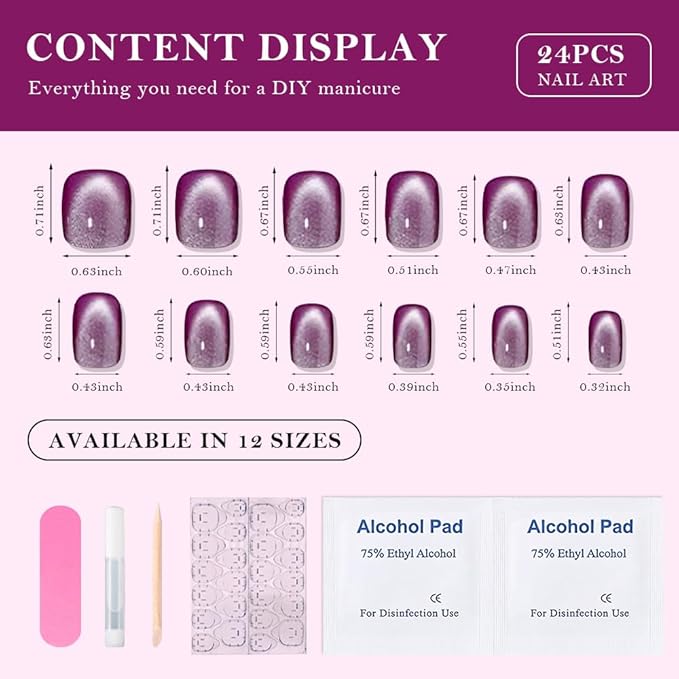 evpct Purple Cat Eye Short Press on Nails Square, Petite Short Square Glossy Nails with Designs for Women, Light Lavender Purple Stick on Glitter Reusable Gel Press on Acrylic Fake Nail Holographic