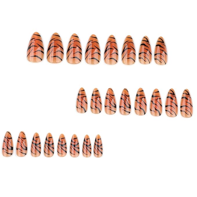 Tiger Print Press on Nails Medium Almond Fake Nails Cat Eye Nails Press ons with Design Full Cover Stick on Nails for Women Manicure,Reusable | Nail Sticky Tabs | Easy Apply | 24Pcs