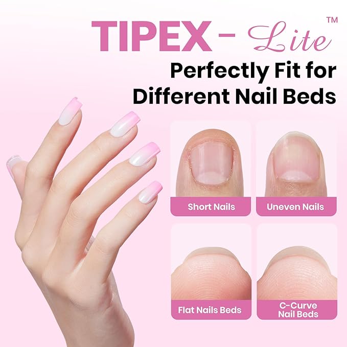 Beetles Tipex Lite Apex Nail Tips, Square Short, 512pcs 16 Sizes,Pre-Building Pre-Etched Acrylic Nail Tips for Flat Nails & Natural Nail Beds