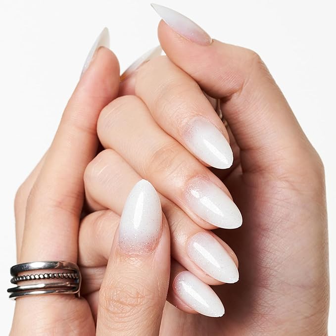 GLAMERMAID Nude White Glitter Press On Nails Short Almond, Translucence Milk White Handmade Soft Jelly Gel Fake Nails, Round Oval Stick Glue on Nails Kit for Women, Reusable Acrylic False Nail Set
