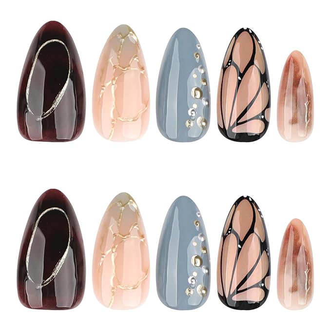 Press on Nails Almond Medium MABKJLF Brown Fake Nails Handmade False Nails with Butterfly Gold Curve Line Tortie Designs Glossy Glue on Nail Acrylic Nails for Women Girls 24Pcs