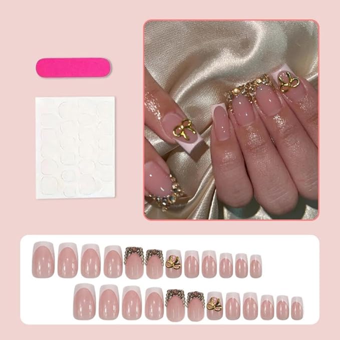 White French Tips Press on Nails - Medium Square False Nails - Gold Bow Charm Design Gold Rhinestone Glue on Nail Nude Pink Stick on Nails Glossy Summer Fake Nail for Women Manicure 24Pcs