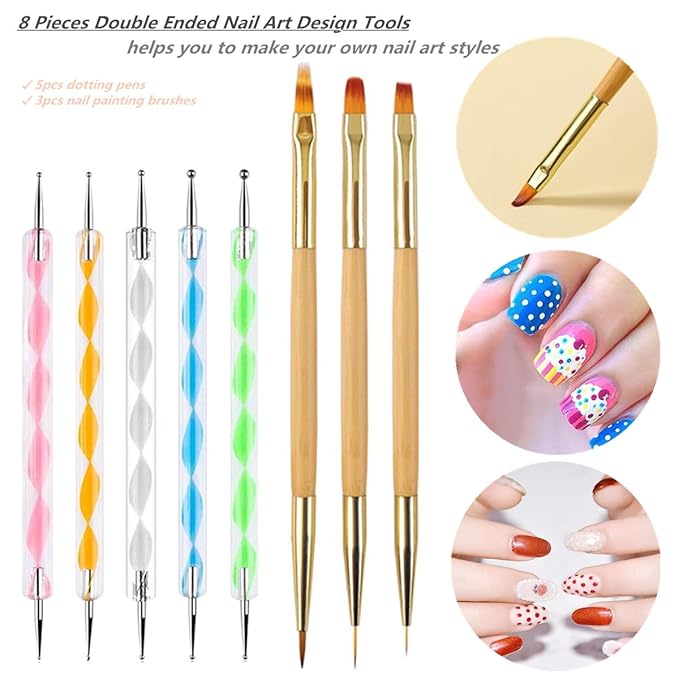 5PCS Dotting Pens and 3PCS Nail Painting Brushes, Double-Ended Acrylic Nail Art Liner Brush Dotting Pen for Gel Polish Nail Paintings 3D Nail Pattern Detail Brush, Nail Art Design Tools