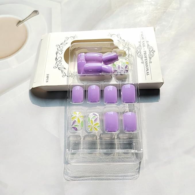 Press on Nails Square Short Purple Fake Nails Press ons Artificial Acrylic Nail Tips Kit Full Cover False Nails with Yellow Flowers Glossy Designs Stick on Nails for Women 24Pcs