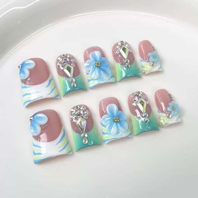 10Pcs Duck-shaped Handmade Press On Nails | French Style with 3D Floral & Rhinestone Decor | Easy to Apply, Remove & Reusable, Salon - Quality (251110, S)