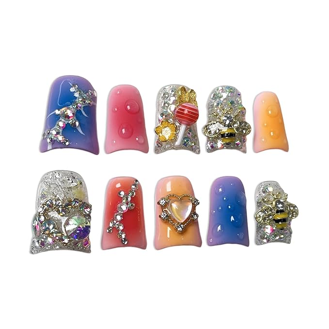 Gradient Press on Nails Luxury Handmade Fake Nail 3D Lollipop & Rhinetone Bee Design False Nails with Designs Heart Flower Press on Nails Muti-Layer Gel Thick Acrylic Nail for Women (Size M)