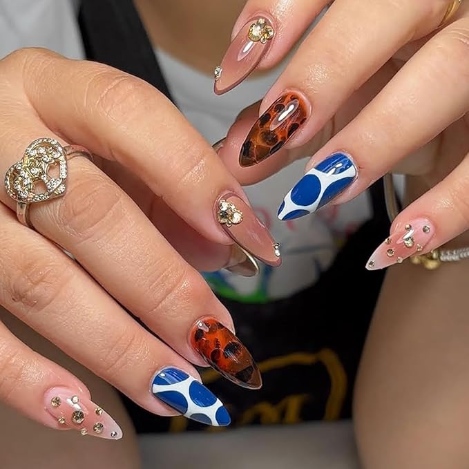 Blue & Brown Press on Nails Medium Almond Fake Nails Fall Winter Nails Press ons with Tortoise,Cow Print Design Full Cover Stick on Nails for Women Manicure,Reusable | Artificial | Easy Apply | 24Pcs