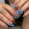 Blue & Brown Press on Nails Medium Almond Fake Nails Fall Winter Nails Press ons with Tortoise,Cow Print Design Full Cover Stick on Nails for Women Manicure,Reusable | Artificial | Easy Apply | 24Pcs