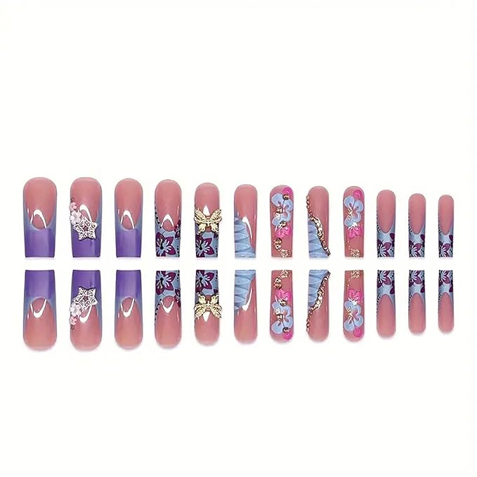RTKHFZE Press on Nails Long Square Fake Nails Blue French Tip Glue on Nails with 3D Flower and Butterfly Designs Acrylic False Nails Glossy Full Cover Stick on Nail for Women Manicure
