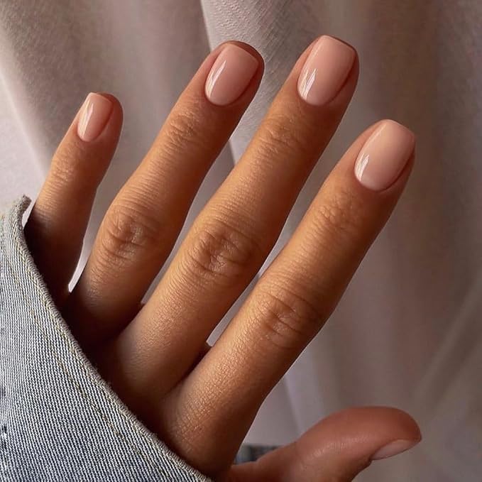 Nude Press on Nails Short Square, Natural Gel Glue on Acrylic, 48Pcs Thick Reusable Fake for Women, Coffin Artificial New Solid Color