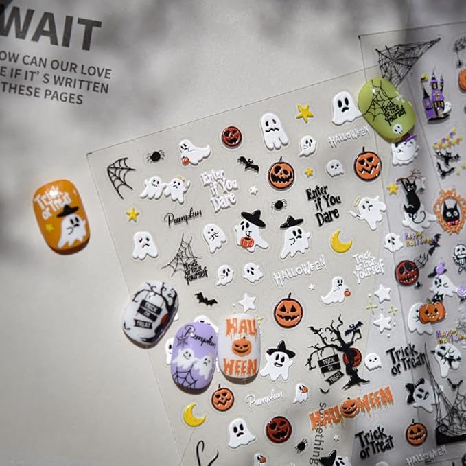 Halloween Nail Stickers 3D Self-Adhesive Cute Ghost Haunted House Nail Art Stickers Pumpkin Spider Web Nail Decals Moon Star Nail Designs Holiday Nail Art Decoration for Women Girls Manicure 1 Sheet
