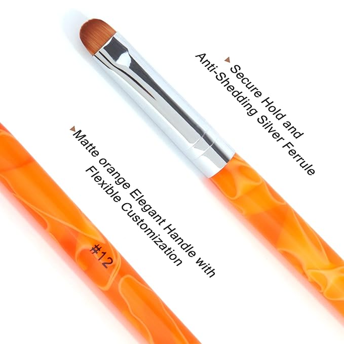 French Manicure Brush -Two Way Nail Art Brush with Dotting Manicure Tool for Manicure Cuticle Clean Up Nail Art Design- Professional Nail Salon Quality Brush, Nail Dotting Pen (12#, Orange)