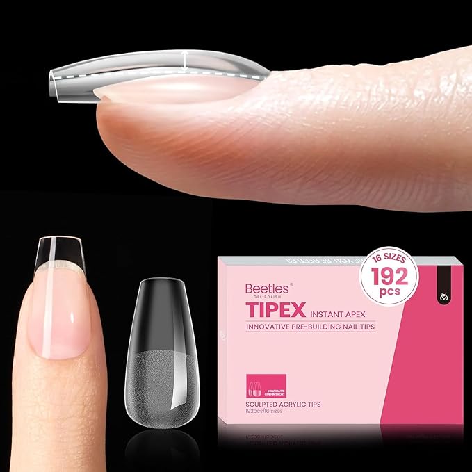 Beetles Tipex Instant Apex Nail Tips, Coffin Short, 16 Sizes (00–14), 192pcs, Built-In Apex, No Builder Gel Required, Thicker Strong Acrylic Tips for DIY Nail Extensions