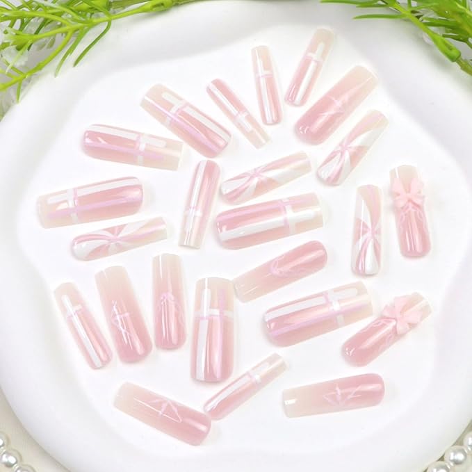 Long Press on Nails Square Fake Nails Press ons with Pink and White Gradient French Line Swirl Designs Cute Glue on Nails Acrylic Full Cover Stick on Nail for Women 24 Pcs