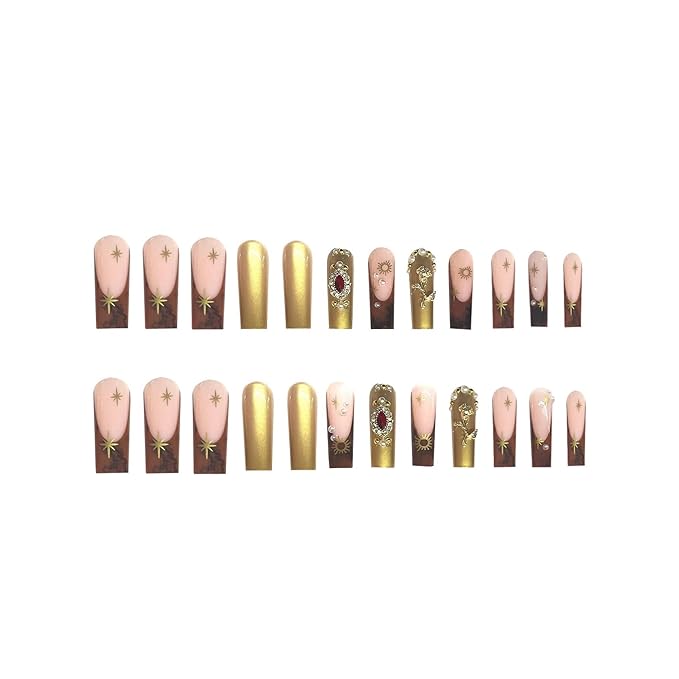 Square Press on Nails Long Gold Fake Nail3D Embossed Acrylic Nail Press ons Red Rhinestones Stick on Nails for Women 24pcs