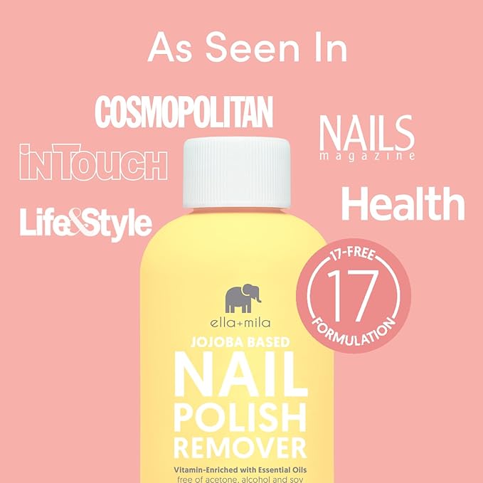 ella+mila Jojoba Nail Polish Remover - Non-Acetone, Non-Toxic Fingernail Polish Remover for Natural Nails - Vegan, Gentle Formula with Jojoba Oil & Vitamins A, C, E (4 fl oz)