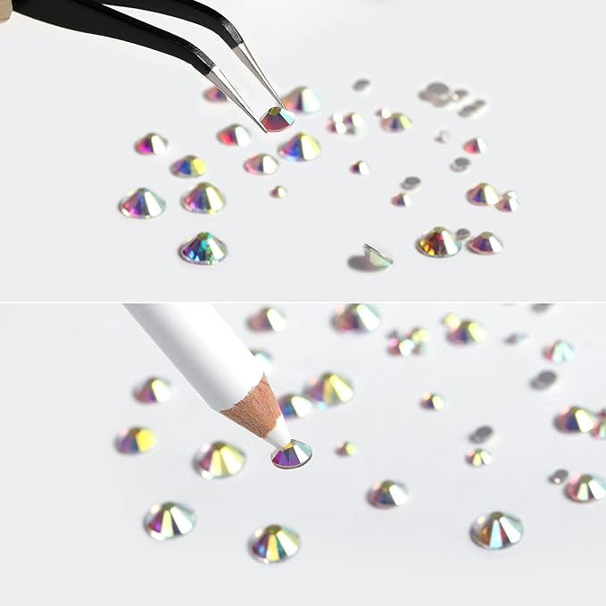 Beadsland Rhinestones for Makeup,8 Sizes 2500pcs Crystal AB Flatback Rhinestones Eye Gems for Nails Crafts with Tweezers and Wax Pencil,Crystal AB,SS4-SS30