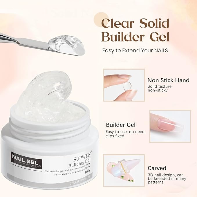 3D Nail Gel Solid Builder Gel for Nail 30g Clear Extension Non Stick Hand Sculpting Gel Hard Gel for Nail Carving Modeling Nail Art Soak Off Manicure DIY at Home