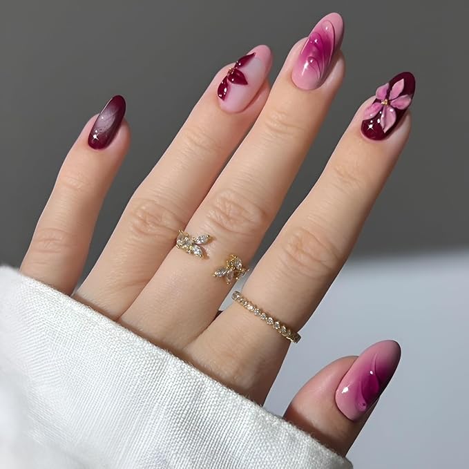 Flower Press on Nails Medium Almond Fake Nails French Tip False Nails 3D Flower Nails Press Ons with Gold Rhinestones Design Glossy Glue on Nail Gradient Stick on Nail for Women Set 24Pcs