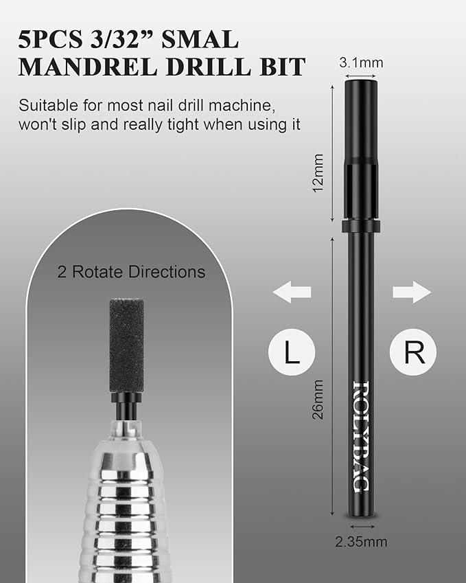 Rolybag 5Pcs Mandrel Nail Drill Bit 3.1mm Mini Mandrel Bit for Nails 3/32" Shanks E-File Nail Drill Bits for Small Sanding Bands Acrylic Gel Nails Manicure and Pedicures (Black)
