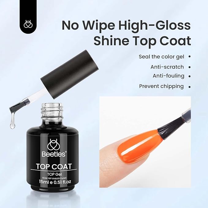 Beetles Gel Top Coat - 15ML Gel Polish No Wipe Top Coat for Nails Soak Off UV/LED Cured High Gloss Shine Long Lasting Protection