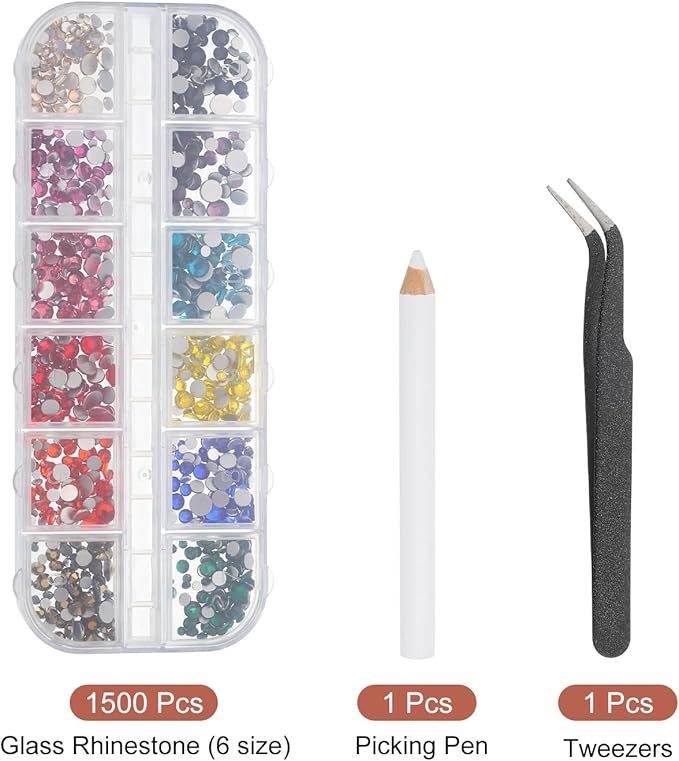 uxcell 1500Pcs Round Flatback Rhinestones Set, 6 Size Glass Flat-Back Crystal Diamonds with Tweezers and Picking Pen for Nail Art Makeup Crafts Fabric DIY Decoration, Multicolor