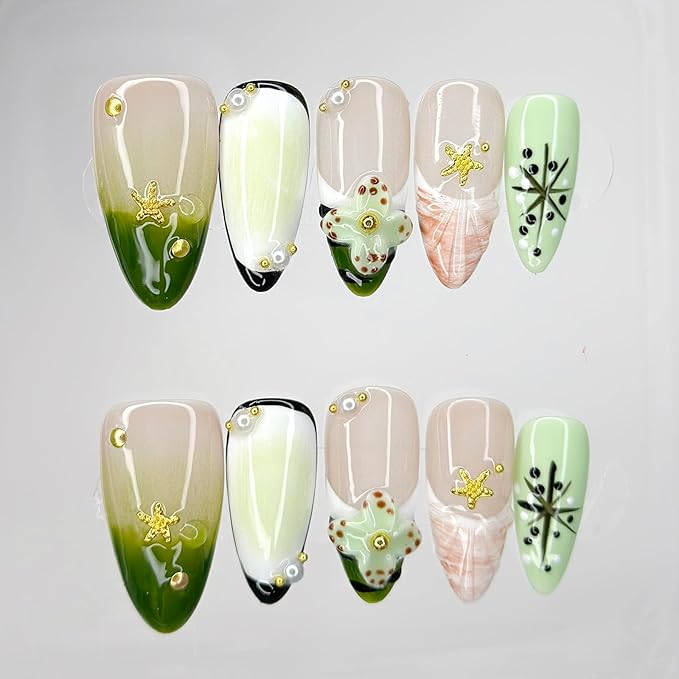 Luxury Press on Nails Medium Almond Handmade 3D Unique Reusable ABS Material Fake Nails Green French Tip False Nails with Designs Starfish Floral Art Petal Glossy Glue on Nails Thick Acrylic Nails(M)