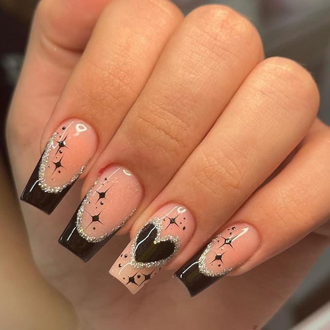 Medium Press on Nails Coffin - Black French Tip Fake Nails with Heart Star Design - Glitter Glossy Full Cover Stick on False Nails - for Women 24 Pcs