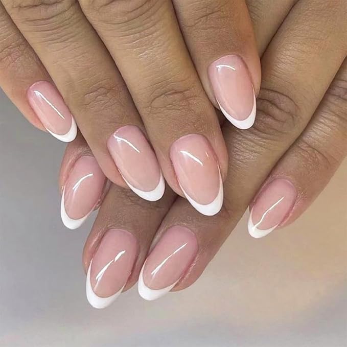 Press on Nails - White French Tip Fake Nails - Short False Nails Press ons - Acrylic Glue on Nails - Cute Artificial Stick on Nail for Women Manicure 24pcs