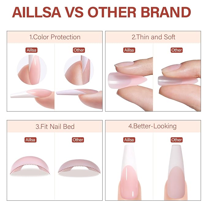 AILLSA French Gel Nail Tips, 180 Pcs French Tip Press On Nails Long Coffin Pink, Pre-Applied Primer & Base Coat, No Need File, Soft Nail Tips, Fake Nails for Nail Art DIY 15 Sizes
