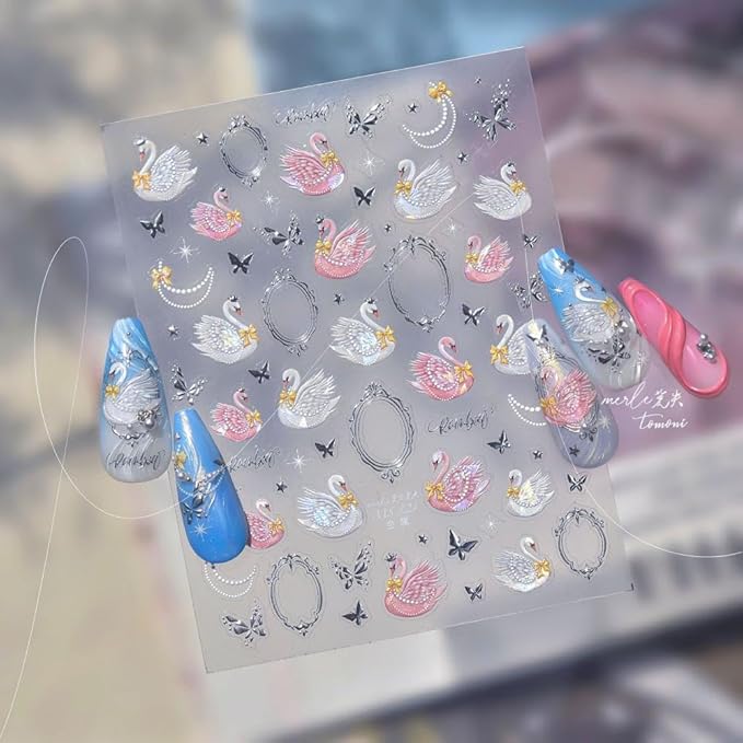 Swan Nail Stickers 5D Embossed Pink Animal Print Nail Art Stickers Self-Adhesive Yellow Bow Nail Decals Silver Butterfly Nail Designs Pearl Frame Nail Art Decoration for Women Manicure 1 Sheet