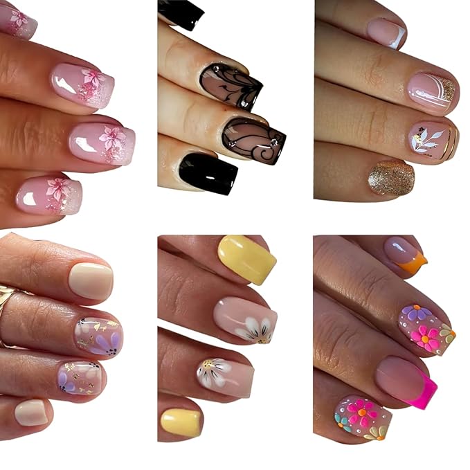 6 Packs (144 Pcs) Short Press on Nails Square Fake Nails Flower Press on Nails Summer Spring Acrylic Glue on Nails Full Cover Cute False Nail Tips Stick on Nail for Women Manicure 12 Size - 6 Style