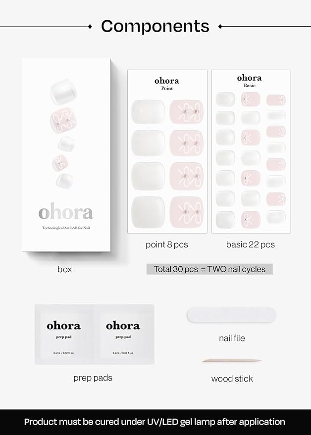 ohora Semi Cured Gel Pedi Strips (P Lily) - White, Gemstone, Works with Any UV/LED Lamps, Salon-Quality, Long Lasting, Easy to Apply & Remove - Includes 2 Prep Pads, Nail File & Wooden Stick