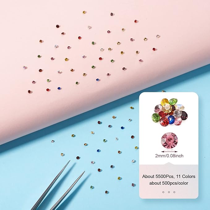 Craftdady 5500Pcs 2mm Faceted Glass Rhinestone 11 Colors Pointed Back Crystal Diamante Gems Birthstone Faceted Cabochons for Nail Arts Decoration Jewelry Making Wedding Bouquet