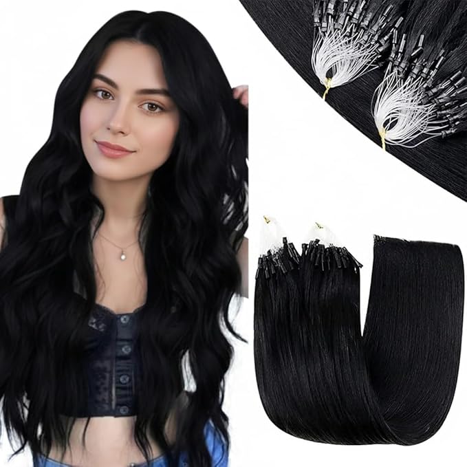 RUNATURE Micro Beads Hair Extensions Human Hair Black Microlink Hair Extensions Real Human Hair Remy Pre Bonded Black Micro Loop Hair Extension Real Human Hair Soft 24 Inch 50g 50 Srands