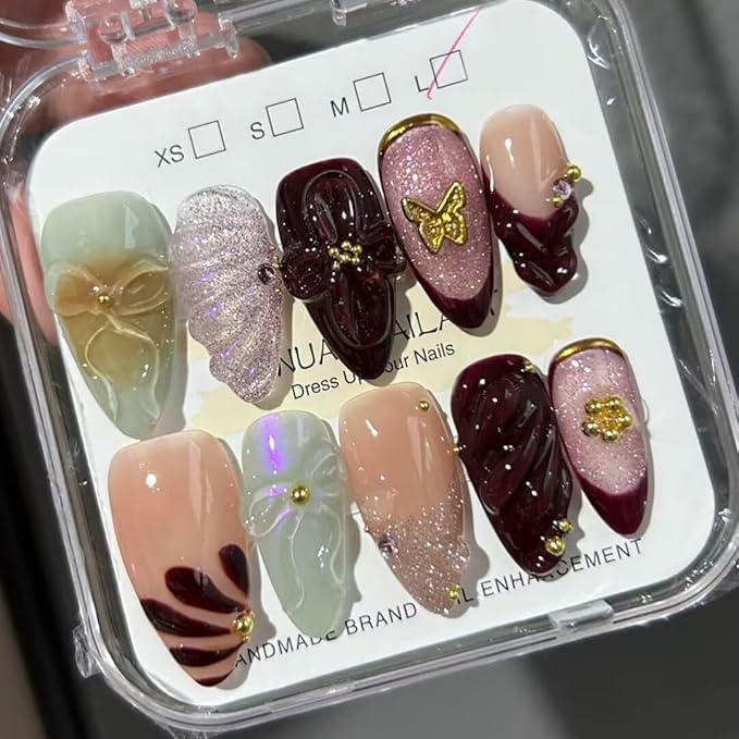 Small -Purple, Handmade French Almond Fake Nails, Artistic Design, Thick Acrylic and Muti-Layer Gel False Nails, Reusable, Supremely Fit Natural Stick On Nails10 Fake Nails Kit (Size S)
