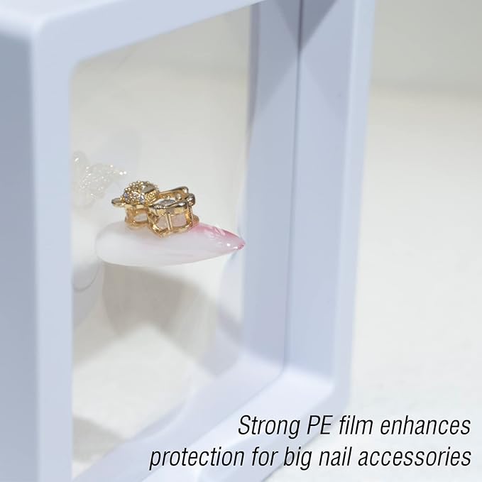LIGHT RAIN Press on Nail Packaging Storage Box Case - 3.5 x 3.5 X 0.8 Inch 3D Floating Frame 24 pcs, Display Card 24 pcs, Pre-cut Double Sided Strong Tape 48 pcs, OPP bag 24 pcs