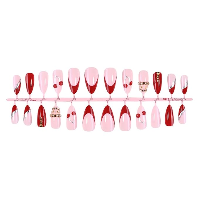 Almond Press on Nails Long Fake Nails Red Artificial Nail Cherry Stick on Nail for Women 24pcs