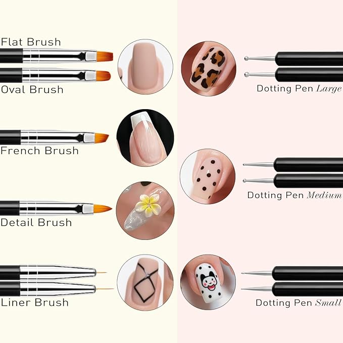 LIGHT RAIN 34Pcs Nail Art Brush Set - Complete Kit with Dotting Tool, Liner Brushes, Acrylic Brushes, Ombre Brush, Cuticle Tool, Rhinestone Picker Pencil for Beginner to Pro Nail Design
