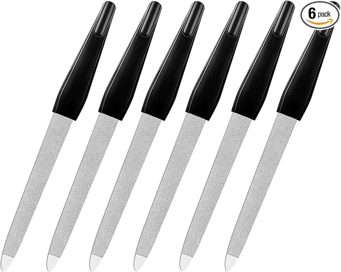 Fingernail Files (6 Pack), Metal Nail Files for Natural Nails Stainless Steel 6 Inch Nail File with Sharp Pointed Tip Non Slip Handle, Finger Nail Filers for Women Sapphire Grit Sword Diamond Black