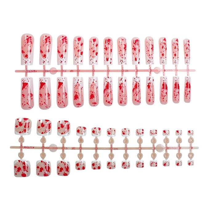 48Pcs Halloween Press on Nails Square & Press on Toenails Set, White French Tip Press on Nails with Terror Bloody Design Medium Fake Nails Short Press on Toe Nails for Women Nail Decoration