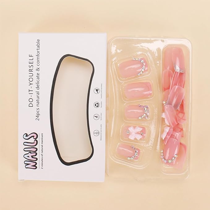 24Pcs Pink Bow Press on Nails Short Square Fake Nails French Tip Full Cover Glue on Nails with 3D Rhinestone Charms Design Bling Cute False Nails Glossy Acrylic Stick on Nails for Women Girls