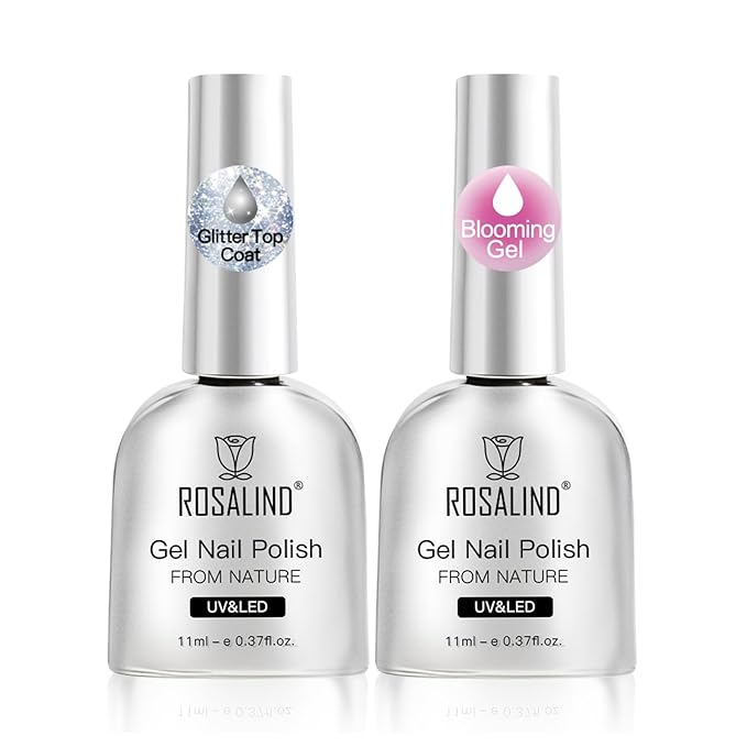 ROSALIND 2Pcs 11ml Blooming Gel and Glitter Top Coat, Clear Blooming Gel Nail Polish Stuff for Spreading Effects, Floral Print, Marble, Watercolor Design