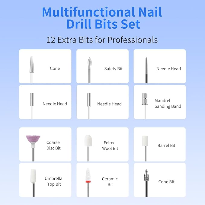 Electric Nail Drill Professional Electric Nail File Kit 11 in 1 Rechargeable Manicure Pedicure Tools Cordless Nail Drill with 3 Speeds Modes and LED Lighting for Acrylic Gel Dip Powder Nails(Purple)