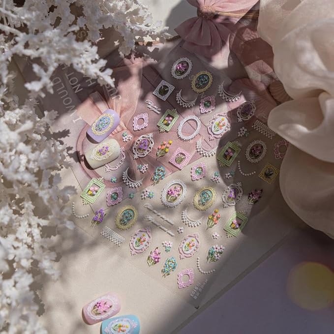 Vintage Flower Frame Nail Stickers 5D Embossed Floral Nail Designs 3D Self-Adhesive Daisy Nails Supplies Tulip Bouquet Nail Decals Summer Nail Art Decoration for Women Girls DIY Manicure 1 Sheet