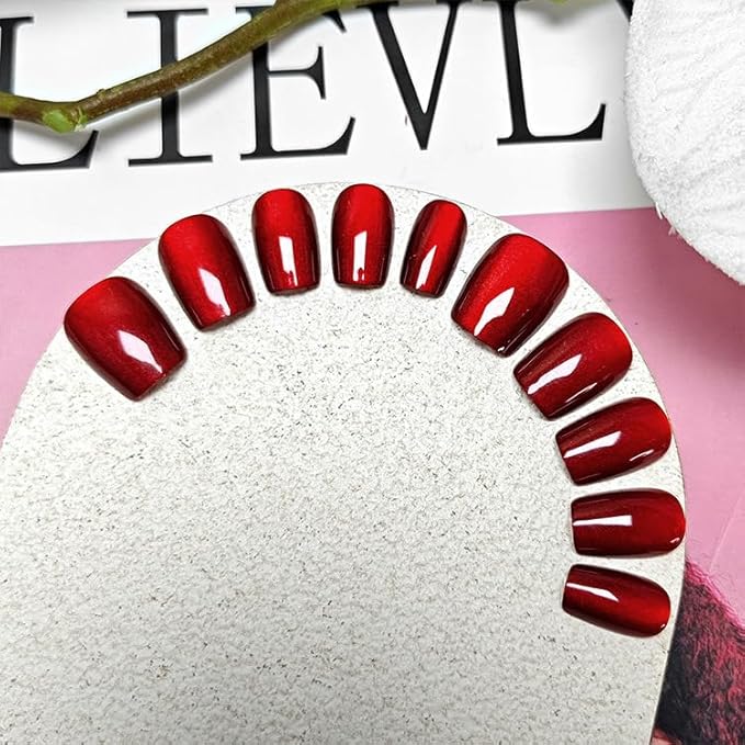 Red Fake Nails Short Cat Eye Press on Nails Wine Red False Nails Press ons Glossy Acrylic Artificial Nails Solid Color Glue on Nail for Women Girls Nail Decoration 24Pcs