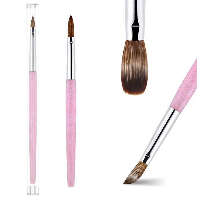 Acrylic Nail Brush Size 8#, 100% Pure Kolinsky Hair Acrylic Crystal Pink with Silver Ferrule Round Shaped for Women Girls Manicure Tools Accessories