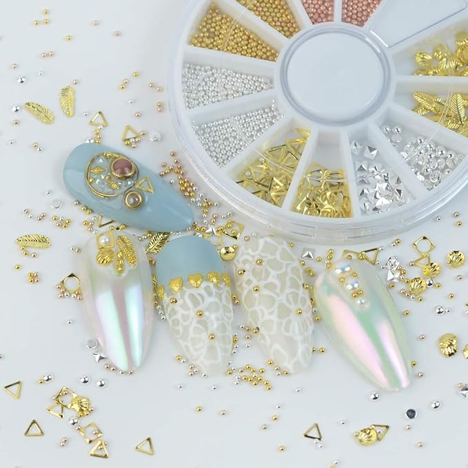 Nail Studs 3D Nail Charms Decals for Women,6 Box Metal Mixed Shaped Nails Art Rhinestones Jewelry Caviar Beads Decorations With Tweezers Supply Kit Gold Silver Rose Gold